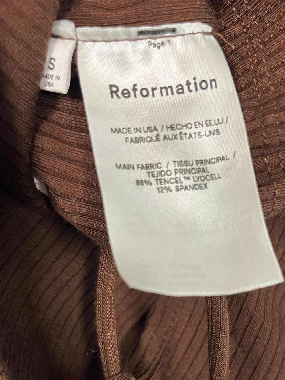 Reformation Chrissy open tie back cafe brown ribbed long sleeve crop top sz s